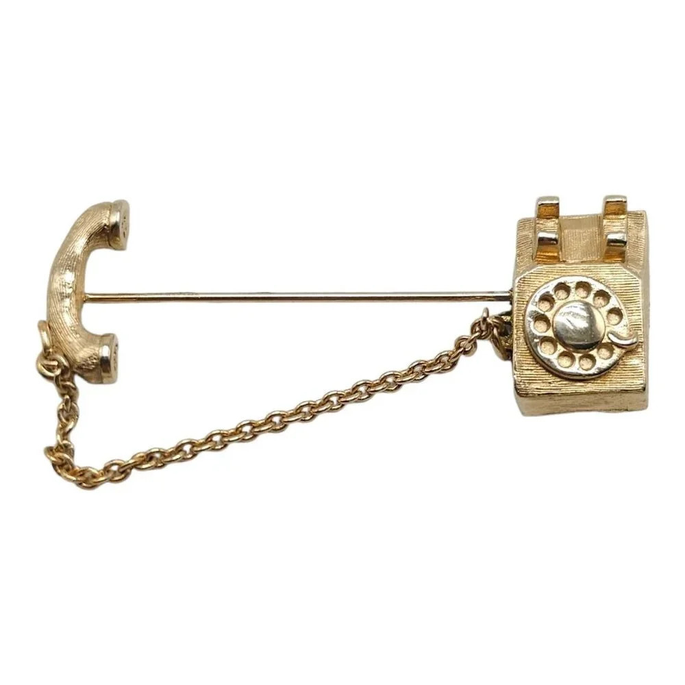 Avon Rotary Telephone Lapel Stick Pin Hanging Chain Gold Tone Vintage